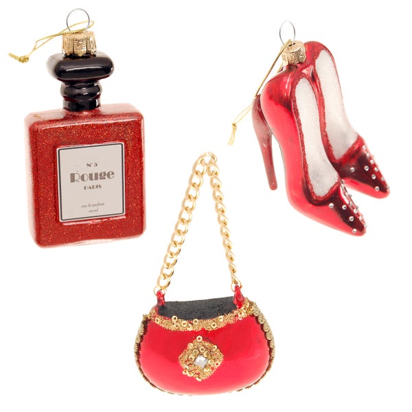 Set Lady in Red - High Heels 9cm, Handtasche 6cm, Parfümflasche 9cm, 3 Stck., Weihnachtsbaumkugeln, Christbaumschmuck, Weihnachtsbaumanhänger