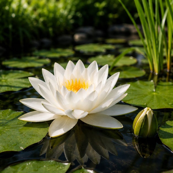 Weiße Seerose mit gelber Mitte in einem Teich, umgeben von grünen Seerosenblättern und einer Knospe.