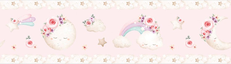 Selbstklebende Wandbordüre für das Kinderzimmer mit Motiven von Mond, Regenbogen, Wolken und Blumen im Aquarellstil.
