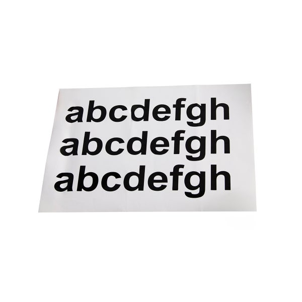Klebebuchstaben Set mit den Kleinbuchstaben a bis h in drei Reihen.
