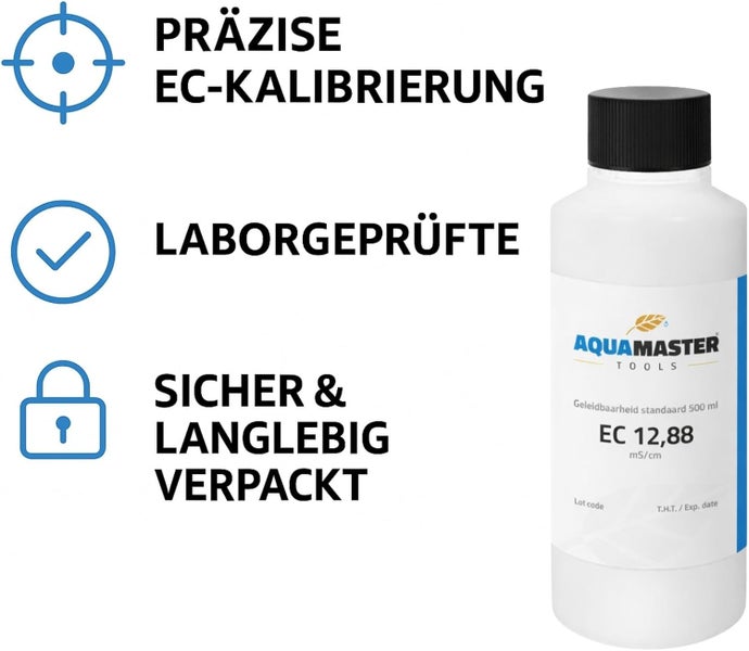 Aquamaster Tools EC 12,88 Millisiemens pro Zentimeter Kalibrierflüssigkeit 500 Milliliter, laborgeprüft, präzise und sicher verpackt.