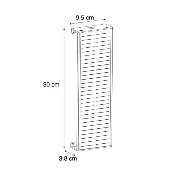 Technische Zeichnung eines rechteckigen Paneels mit Lamellen, Abmessungen 30 Zentimeter, 9,5 Zentimeter und 3,8 Zentimeter.