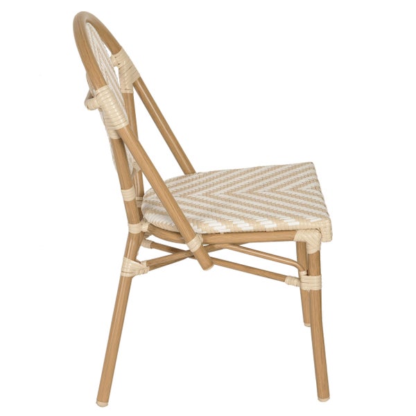 Bistro-Stuhl aus Aluminium in Holzoptik mit Geflecht aus Polyethylen, Rückansicht der runden Rückenlehne mit Chevron-Muster.