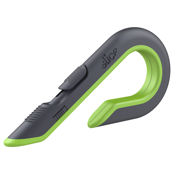 Slice Kartonmesser mit grau-grünem ergonomischem Griff und manuellem Schieber.
