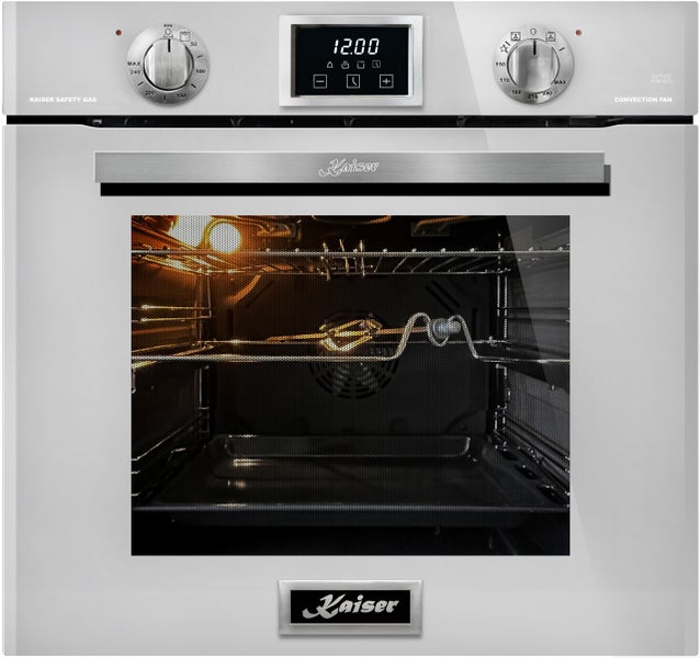Kaiser Einbaubackofen mit Umluft und Gasbetrieb inklusive Drehspieß und digitaler Zeitschaltuhr für die moderne Küche.
