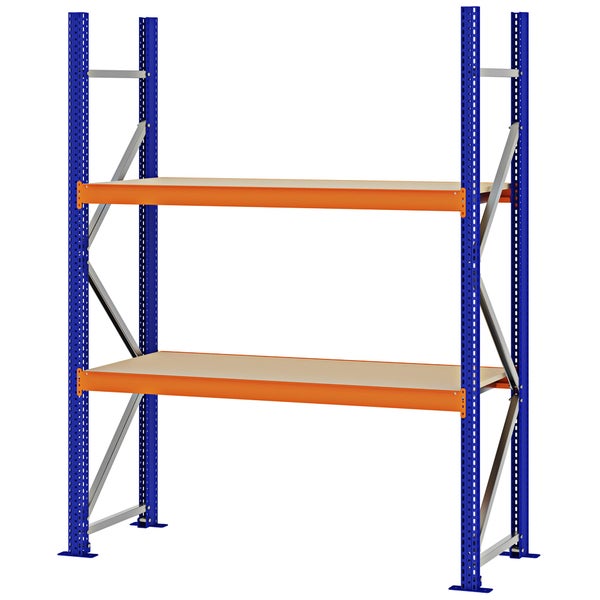 Weitspannregal mit blauem Metallgestell, orangen Traversen und zwei Holzböden für die Lagerung.