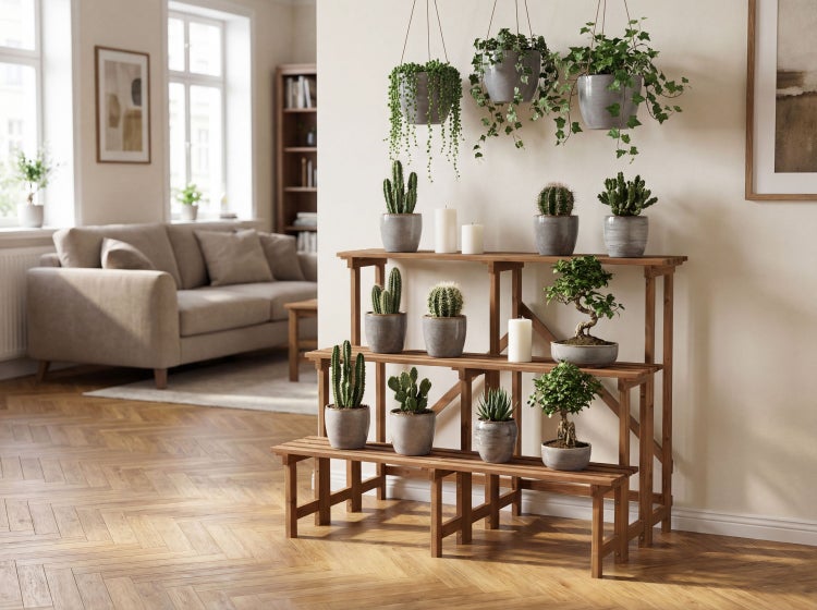 Mehrstöckige Pflanzentreppe aus Holz in einem hellen Wohnzimmer mit verschiedenen Kakteen und Sukkulenten in Töpfen auf einem Holzfußboden.
