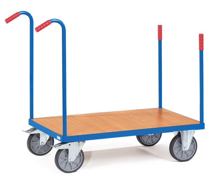 Plattformwagen mit Holzplatte und blauen Griffen