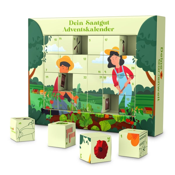 Saatgut-Adventskalender mit vierundzwanzig Würfeln, die Gemüse- und Blumensamen enthalten, illustriert mit Gartenmotiven.