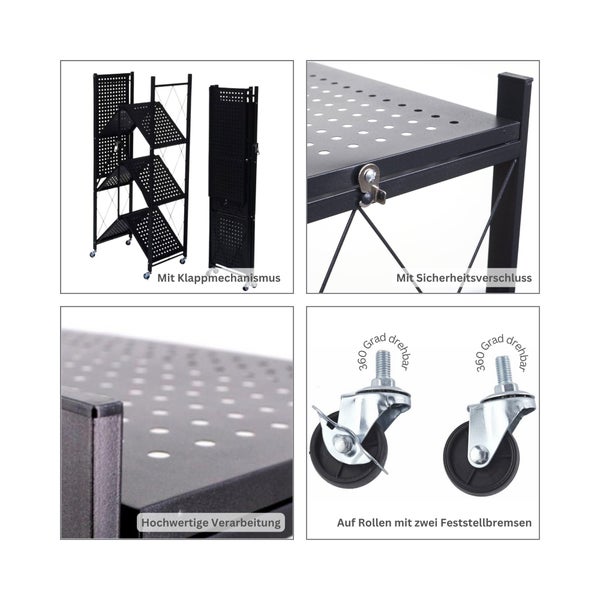 Metallregal mit vier Ebenen und Rollen