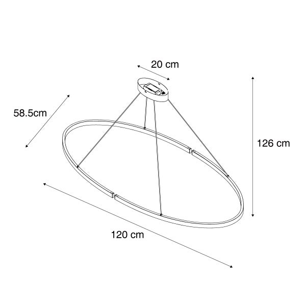 Technische Zeichnung einer Hängeleuchte mit den Maßen 120 cm Länge, 58,5 cm Breite und 126 cm Höhe