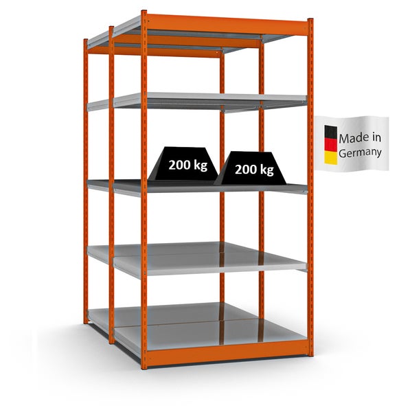 PROREGAL Fachbodenregal Stecksystem Vierkant-Profil Grundregal HxBxT 200 x 132,5 x 80 cm 2x5 Ebenen Doppelseitige Bauart Fachlast 200 kg Orange