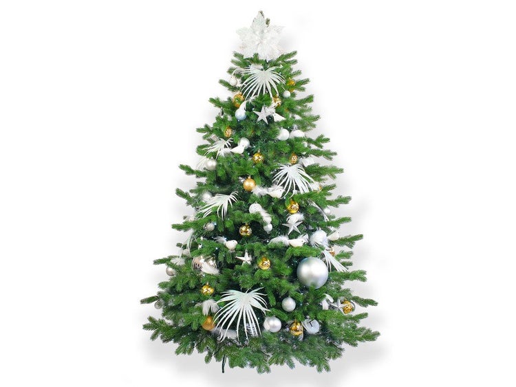 Geschmückter künstlicher Weihnachtsbaum mit Weihnachtskugeln, Sternen und Deko-Elementen