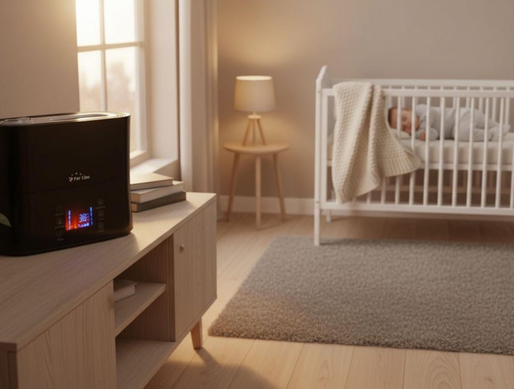 Schwarzer Luftbefeuchter mit Digitalanzeige auf einer Holzkommode in einem hellen Kinderzimmer mit weißem Babybett.