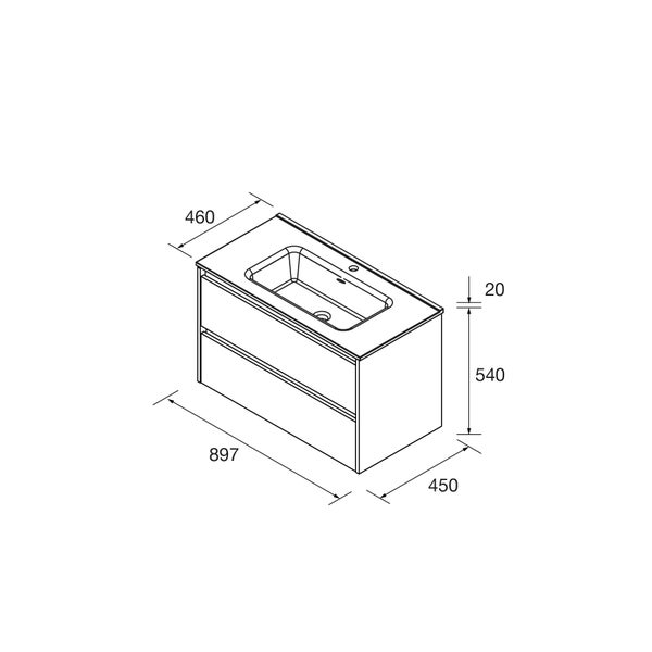 Maßzeichnung eines Waschbeckenunterschranks mit zwei Schubladen und integriertem Waschbecken. Breite 897 Millimeter, Tiefe 450 Millimeter.