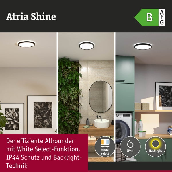 LED-Panel Atria Shine in Wohnzimmer, Bad und Waschküche. Energieeffizienzklasse B, IP44 Schutz, White Select Funktion und Backlight Technologie.
