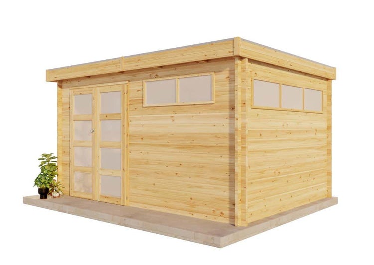 Holzgartenhaus mit Fenstern und Doppeltür im Garten