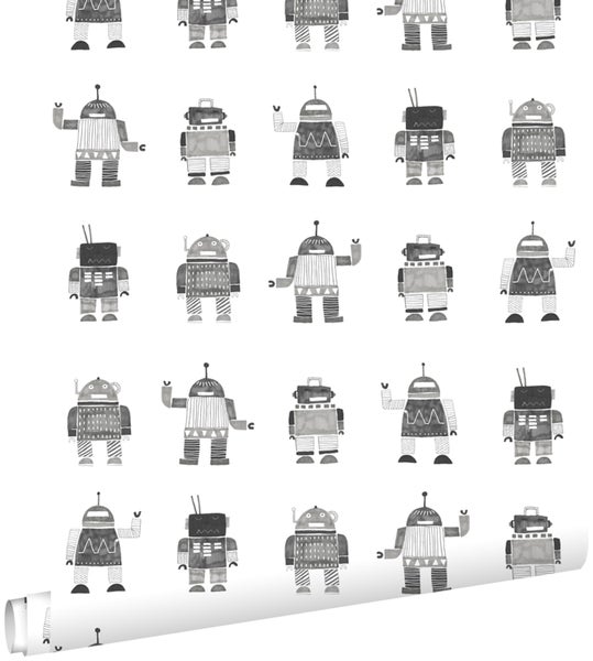 ESTAhome Tapete gezeichnete Vintage-Spielzeug-Roboter Schwarz und Weiß - 53 cm x 10,05 m - 138939