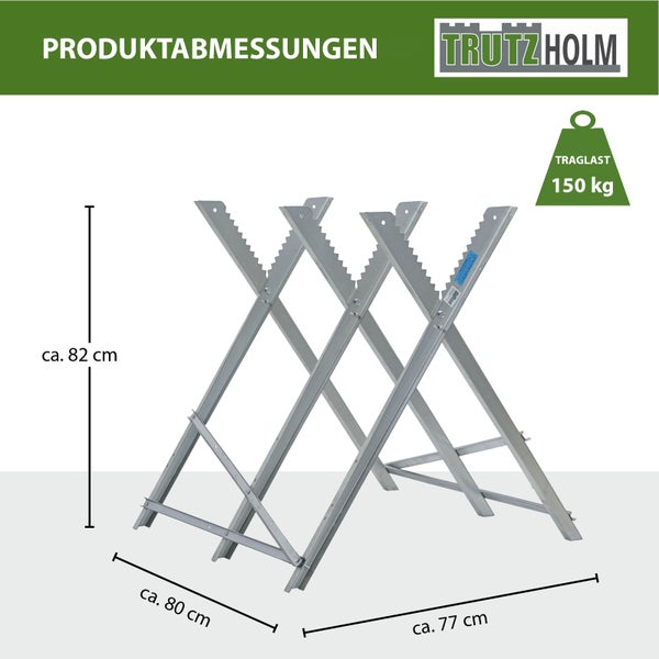 TrutzHolm Sägebock mit einer Traglast von 150 kg und den Produktabmessungen circa 82 cm Höhe, circa 80 cm Breite und circa 77 cm Tiefe.
