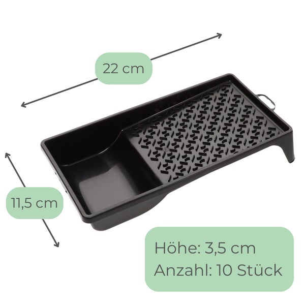Farbwanneneinlage aus Kunststoff, 22 Zentimeter lang, 11,5 Zentimeter breit, 3,5 Zentimeter hoch, 10 Stück.