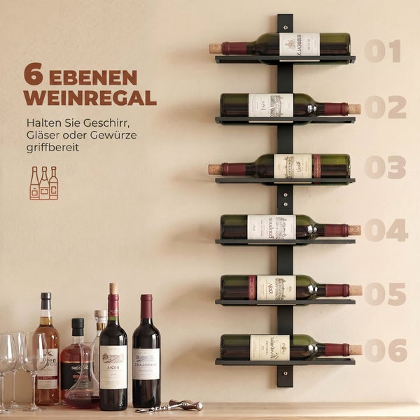 Wandmontiertes Weinregal aus Metall mit 6 Ebenen für die horizontale Aufbewahrung von Weinflaschen an der Wand.