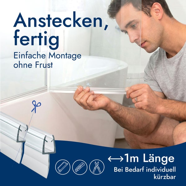 Ein Mann montiert eine Duschdichtung an eine Glaswand. Die Dichtung ist ein Meter lang und kann mit Werkzeug individuell gekürzt werden.