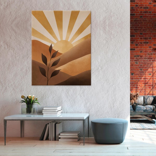 Wandbild mit Sonnenuntergang und stilisierter Pflanze im abstrakten Stil, montiert an einer hellen Putzwand über einem Konsolentisch.