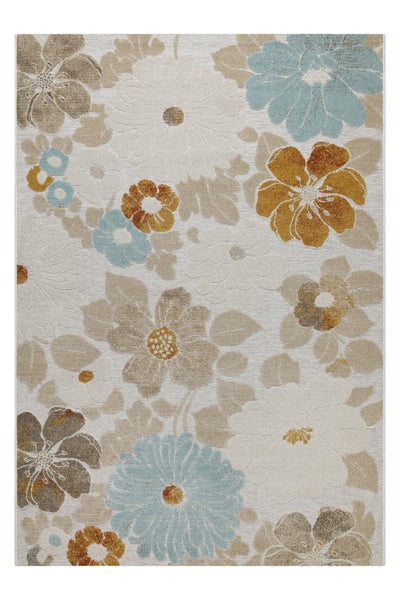 Rechteckiger Teppich mit großflächigem Blumenmuster in verschiedenen Farben wie Blau und Braun.
