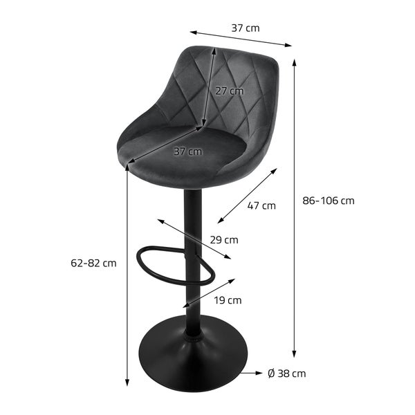 ML-Design Barhocker 4er Set, Bezug aus Samt, Grau, Gepolsterter Barstuhl mit Rückenlehne und Fußstütze, Tresenhocker höhenverstellbar 62-82 cm, 360° drehbar, Bistrohocker Hocker Drehstuhl Barstühle