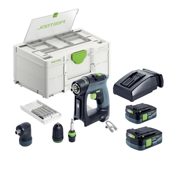 Festool Akku Bohrschrauber Set CXS 12 mit Systainer, zwei Akkupacks, Ladegerät und verschiedenen Aufsätzen für präzise Bohr und Schraubarbeiten