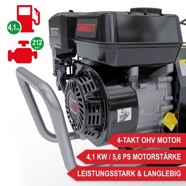 4-Takt OHV Motor von ONBEST mit 4,1 Kilowatt und 5,6 Pferdestärken, 212 Kubikzentimeter Hubraum, leistungsstark und langlebig.