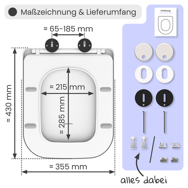 Maßzeichnung und Lieferumfang eines WC-Sitzes mit allen Maßen und Zubehörteilen.