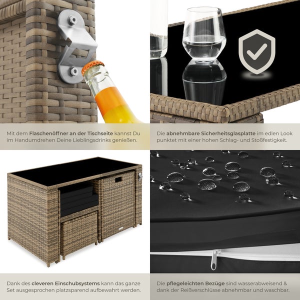 Rattan Sitzgruppe tectake Palermo inklusive Flaschenöffner, zusammenschiebbar für 2 bis 4 Personen natur