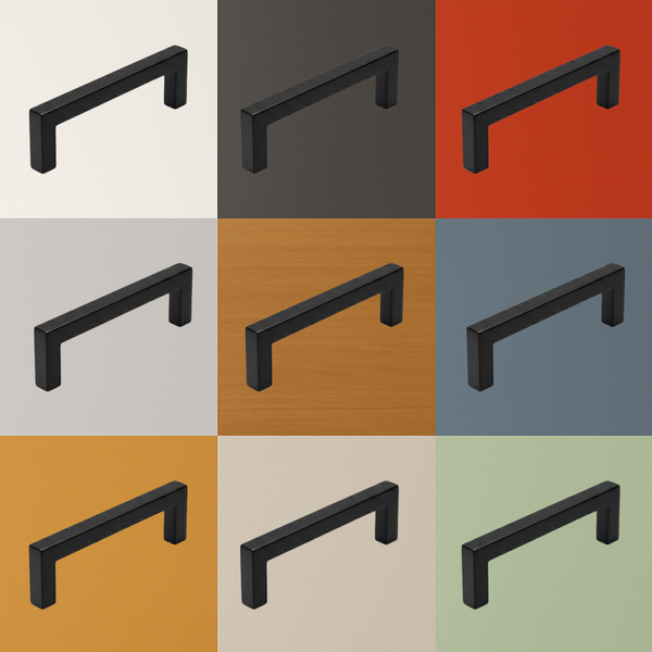 Abbildung eines quadratischen Möbelgriffs in verschiedenen Farbvarianten