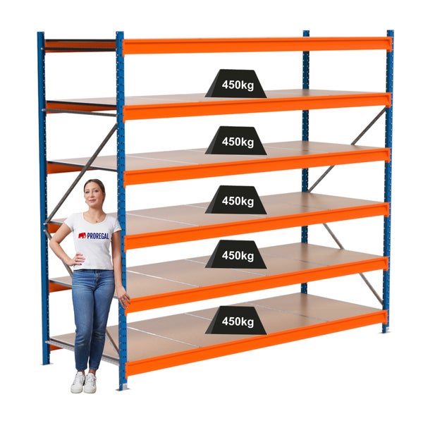 Lagerregal mit fünf Regalböden und einer Traglast von 450 Kilogramm pro Regalboden