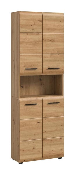 Hochschrank in Eichenoptik mit vier Türen, einem offenen Fach in der Mitte und schwarzen Griffen.