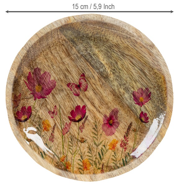 Holztablett, 15 cm Durchmesser, mit Blumen und Schmetterlingen