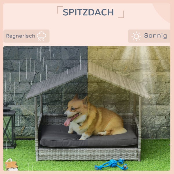 PawHut Rattan Hundehaus mit Kissen, Hundebett im Hausform, Outdoor Hundehütte, Stahlrahmen, Kunststoff, Grau, 69 x 98 x 70 cm