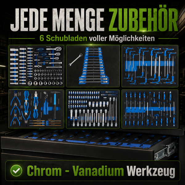 Sechs Werkzeugeinlagen mit Chrom-Vanadium-Werkzeugen wie Steckschlüsseln, Zangen, Schraubenschlüsseln und Schraubendrehern für einen Werkstattwagen.