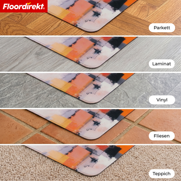 Floordirekt Logo. Bodenschutzmatte mit abstraktem Muster auf verschiedenen Böden wie Parkett, Laminat, Vinyl, Fliesen und Teppich.