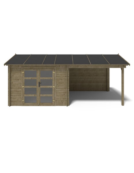 Gartenhaus aus Holz mit Pultdach, einer Doppelflügeltür mit Glaseinsätzen und einem seitlichen Anbau.