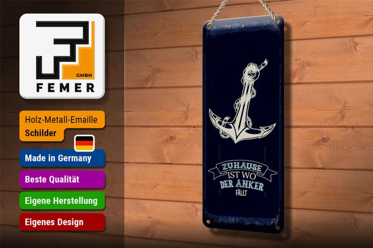 Blechschild Spruch Zuhause ist wo der Anker fällt 10x27cm