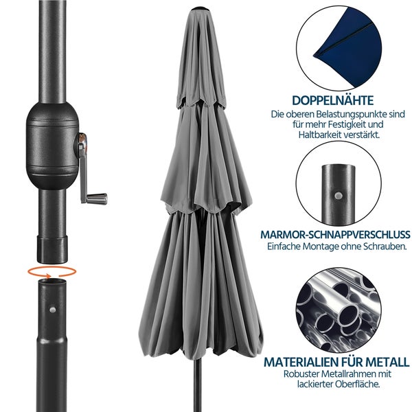 Grauer Marktschirm mit Kurbelmechanismus und zweiteiliger Stange