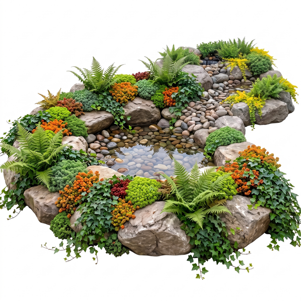Ein künstlicher Gartenteich mit natürlicher Steinumrandung, bepflanzt mit verschiedenen Farnen, Efeu und blühenden Sukkulenten als Gartenobjekt.