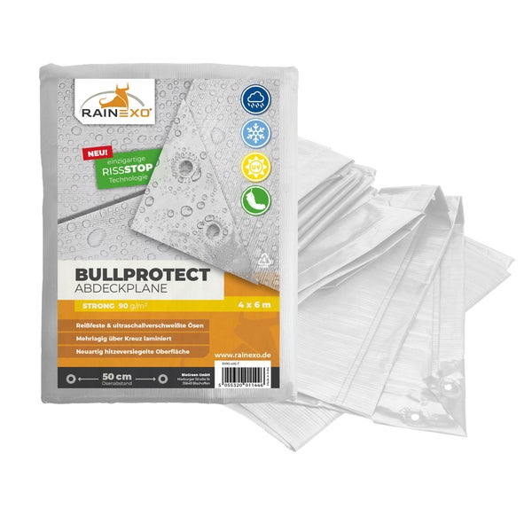 Rainexo Bullprotect Abdeckplane transparent 4 mal 6 Meter, 90 Gramm pro Quadratmeter, reißfest, UV-beständig, wasserfest, Ösenabstand 50 Zentimeter.