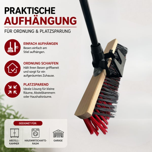 Besenhalterung zur platzsparenden Aufbewahrung von Besen in Abstellkammern, Hauswirtschaftsräumen oder Garagen zur Organisation.