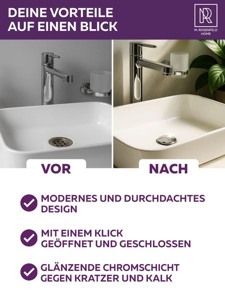 Vorher-Nachher-Vergleich eines Waschbeckens mit M. Rosenfeld Home Wasserhahn, der modernes Design, einfache Bedienung und eine kratzfeste Chromschicht hervorhebt