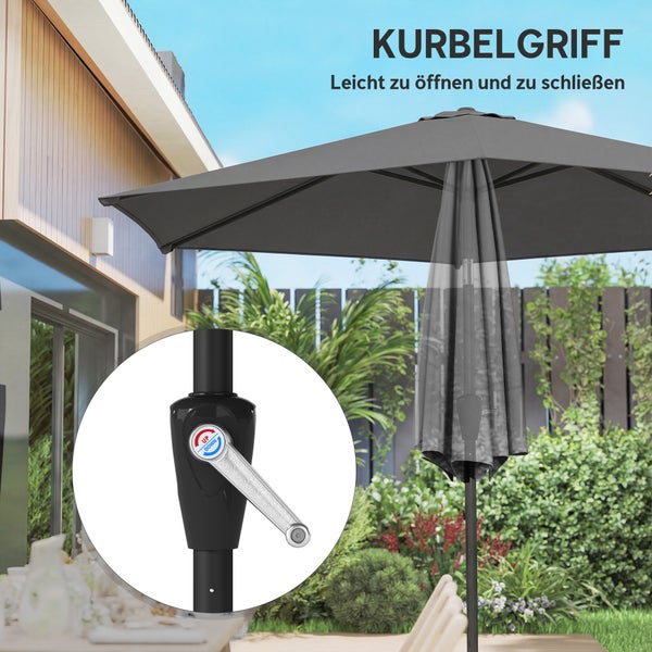 Kurbelgriff eines Sonnenschirms zum einfachen Öffnen und Schließen mit Richtungsanzeige.