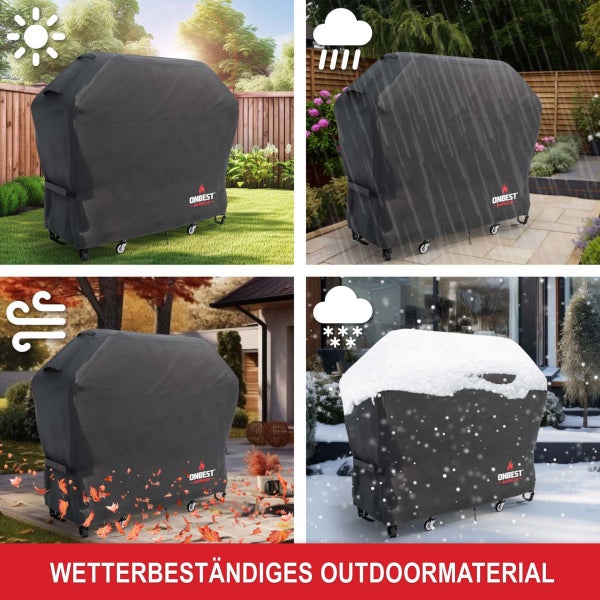 ONBEST BARBECUE Logo auf einer Grillabdeckung bei Sonne, Regen, Wind und Schnee. Wetterbeständiges Outdoormaterial für Schutz bei jedem Wetter.