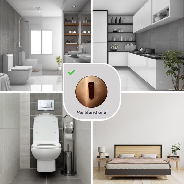 Collage zeigt modern eingerichtetes Badezimmer, Küche, WC und Schlafzimmer sowie ein multifunktionales bronzefarbenes Metallelement.